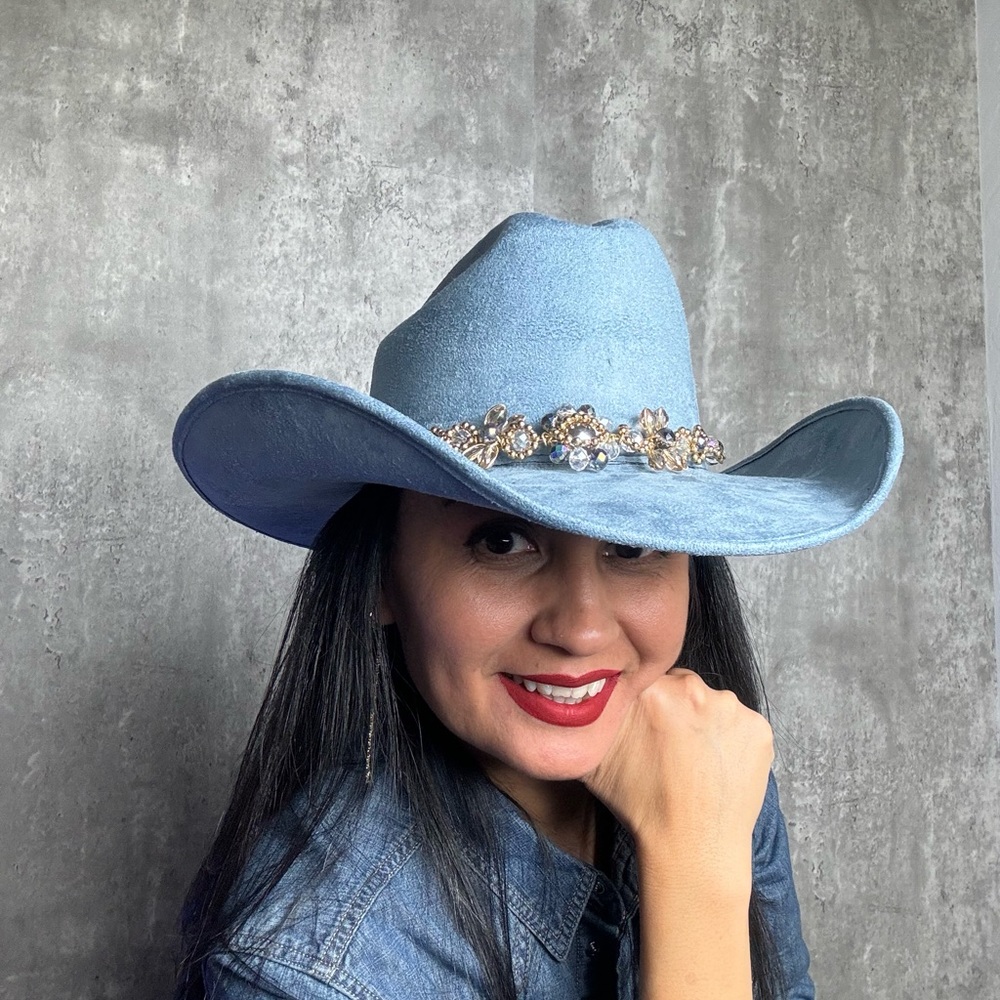 Cowgirl cowboy western steel blue suede hat